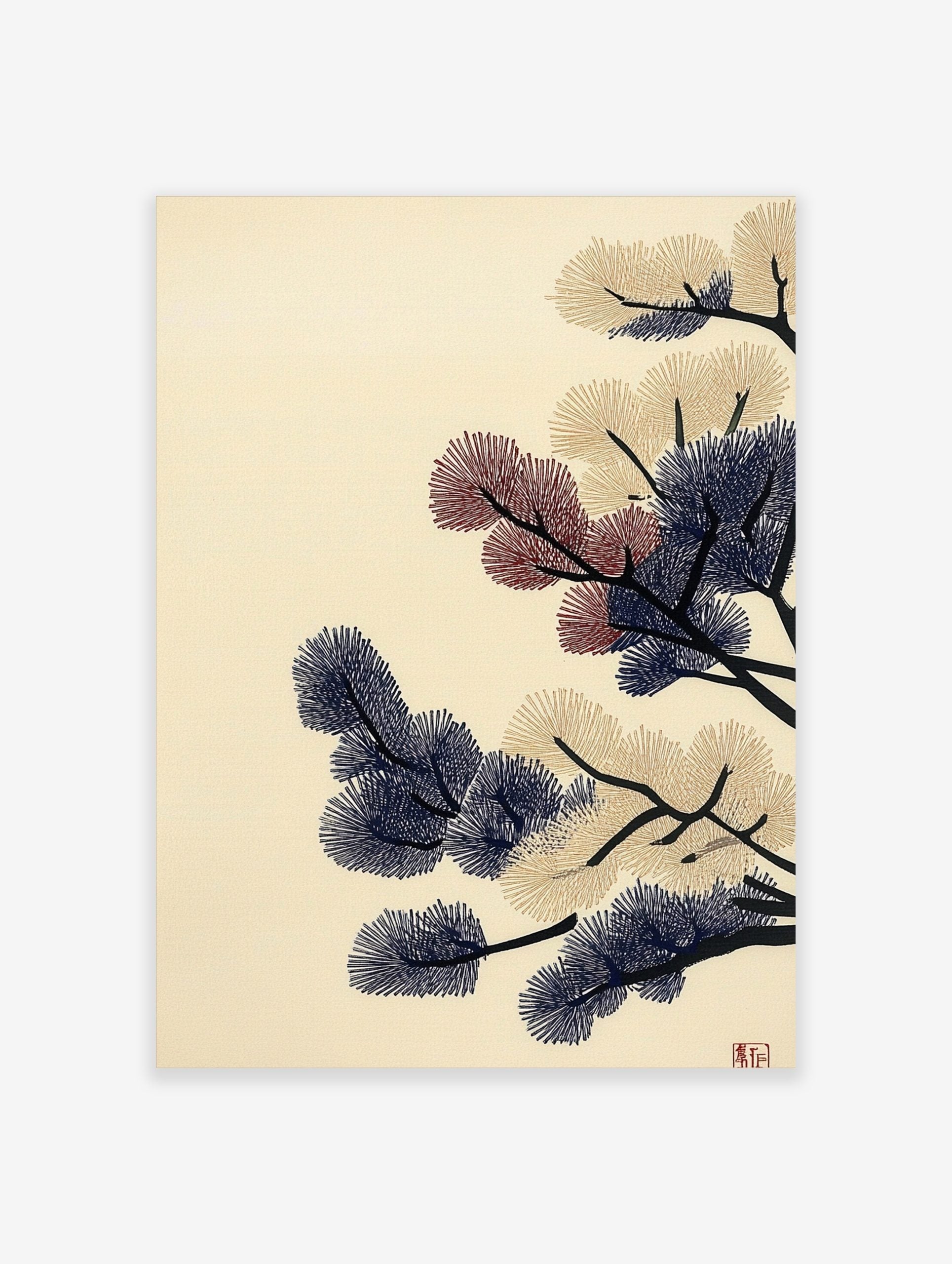 Stylised pine branches with navy blue, beige, and red needle clusters on a cream background