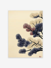 Stylised pine branches with navy blue, beige, and red needle clusters on a cream background