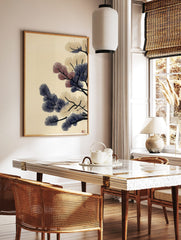 Stylised pine branches with navy blue, beige, and red needle clusters on a cream background, in a styled room mockup