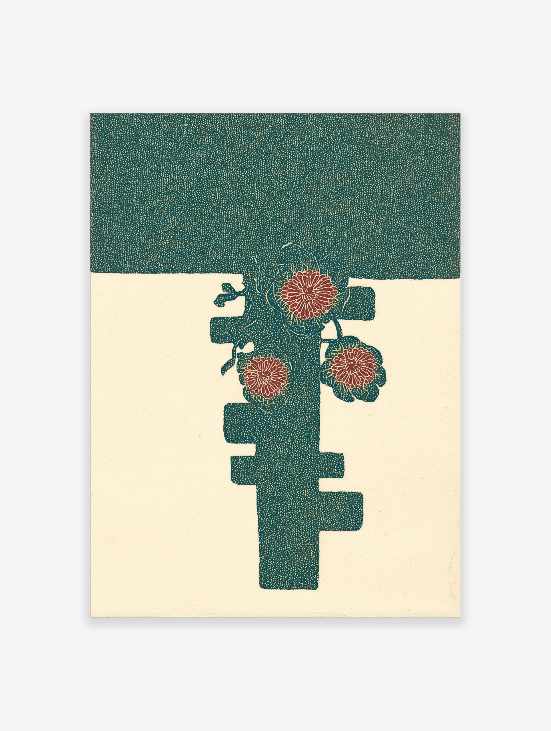Stylised red flowers and leaves on a dark teal abstract shape against a cream background, illustrative print