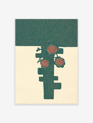 Stylised red flowers and leaves on a dark teal abstract shape against a cream background, illustrative print
