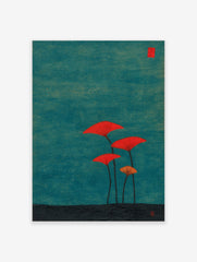 Stylised red and orange fan-shaped mushrooms on long stems against a textured teal background with a red seal