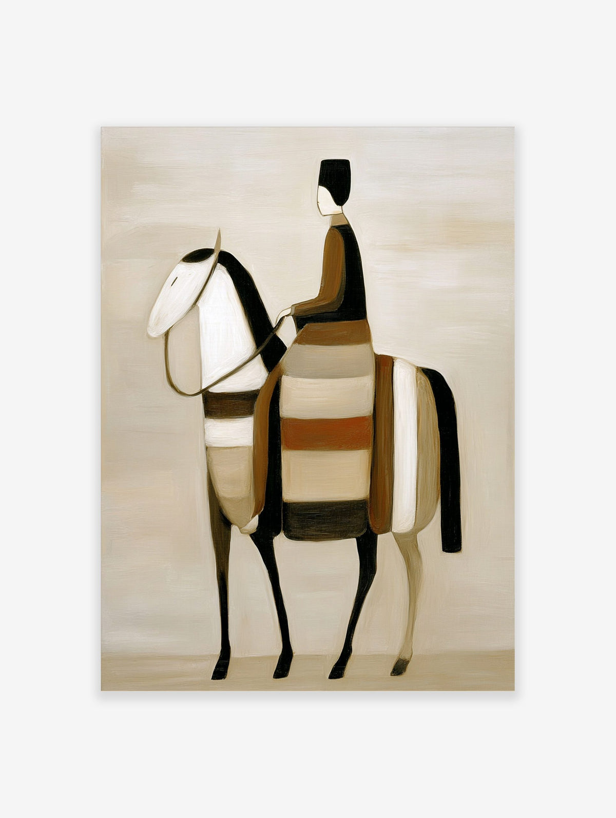 Stylised abstract art print of a rider on a horse in earth tones, black, and white