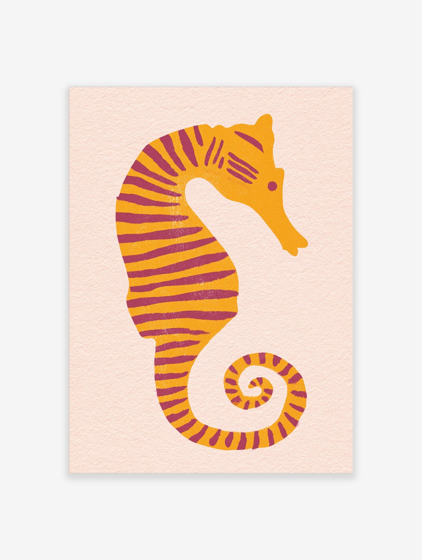 Stylised seahorse illustration with yellow and magenta stripes on a pale pink background