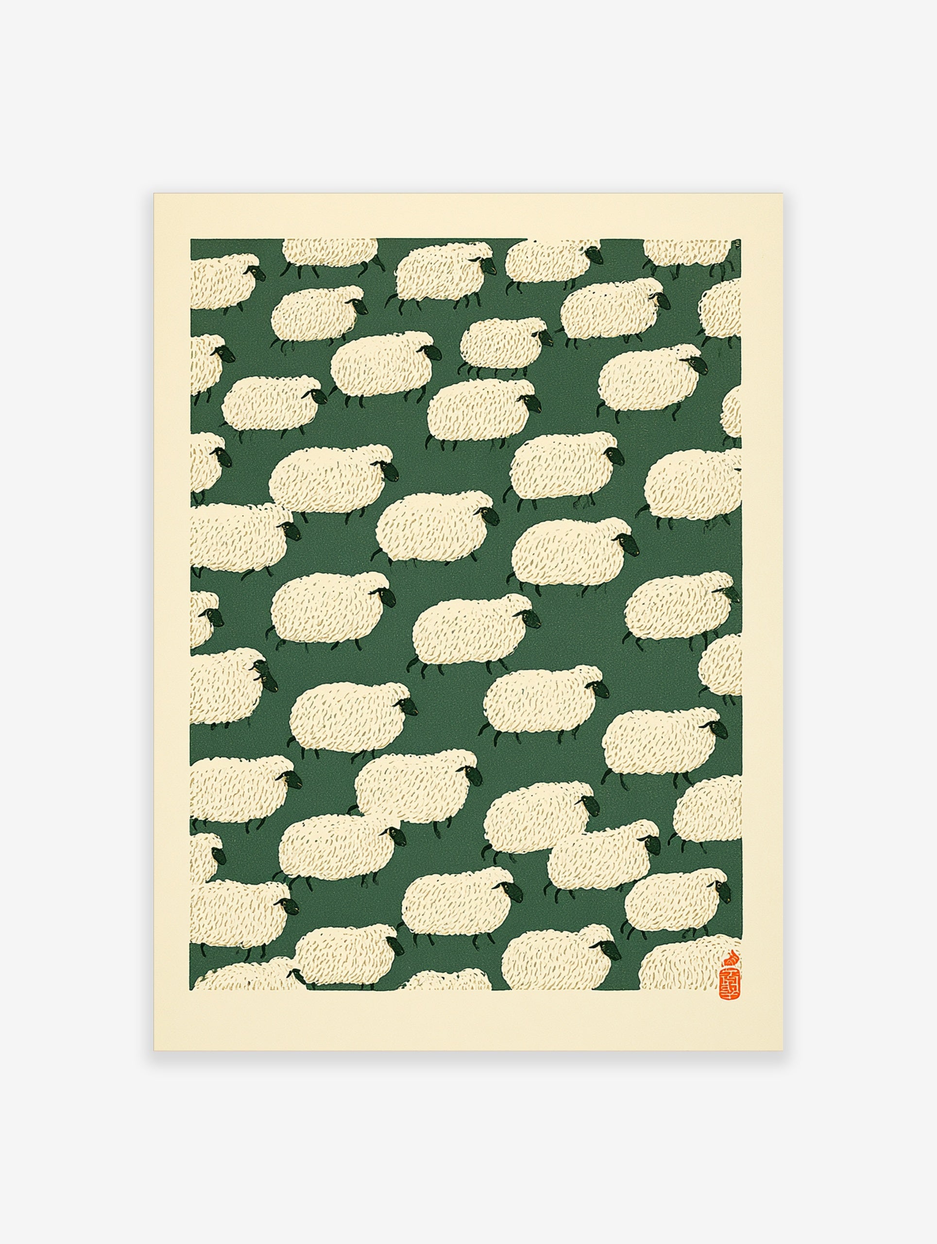 Repeating pattern of stylised cream sheep on a dark green background with a red seal in the corner, illustrative wall art
