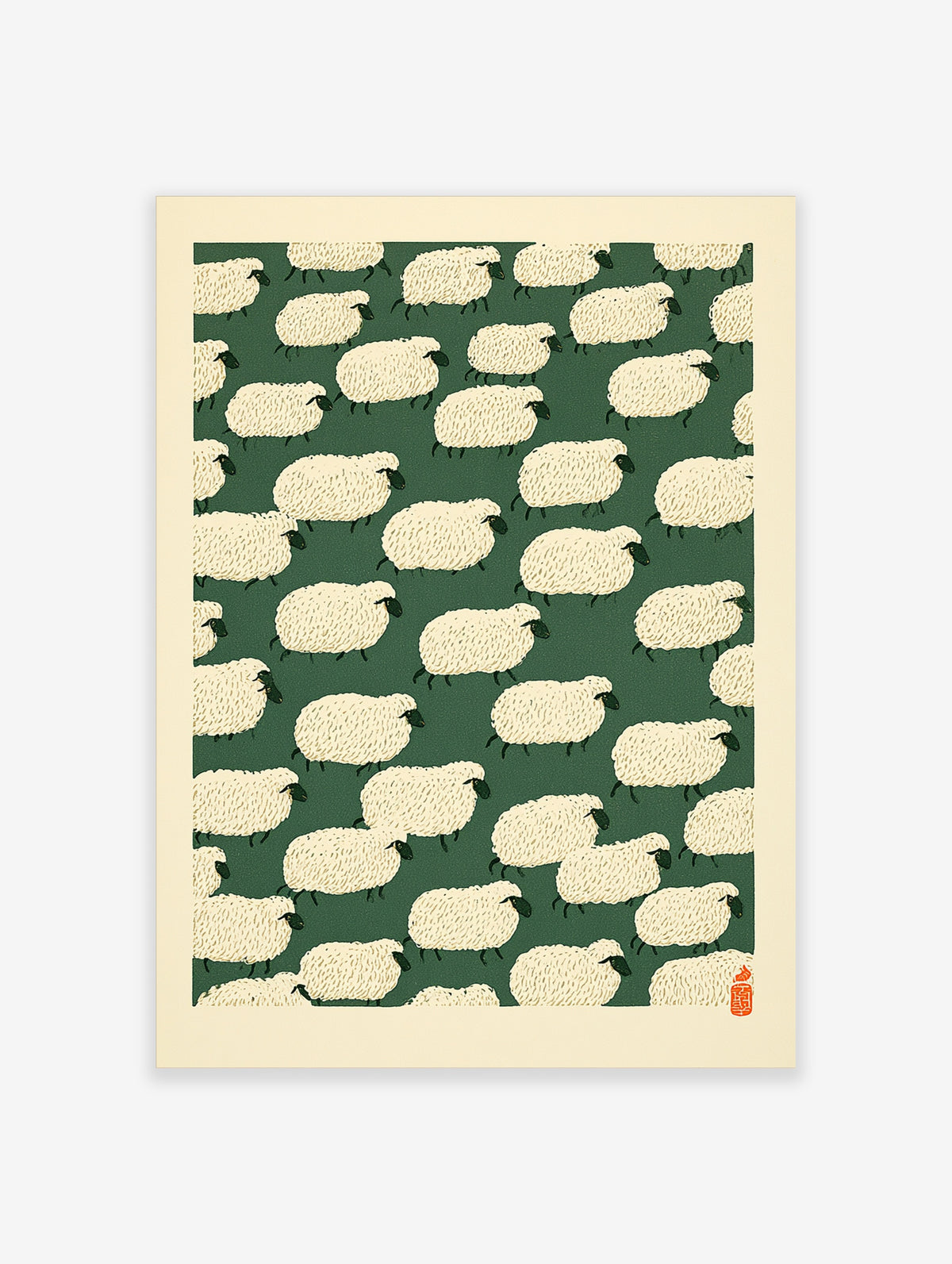 Repeating pattern of stylised cream sheep on a dark green background with a red seal in the corner, illustrative wall art