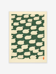 Repeating pattern of stylised cream sheep on a dark green background with a red seal in the corner, illustrative wall art