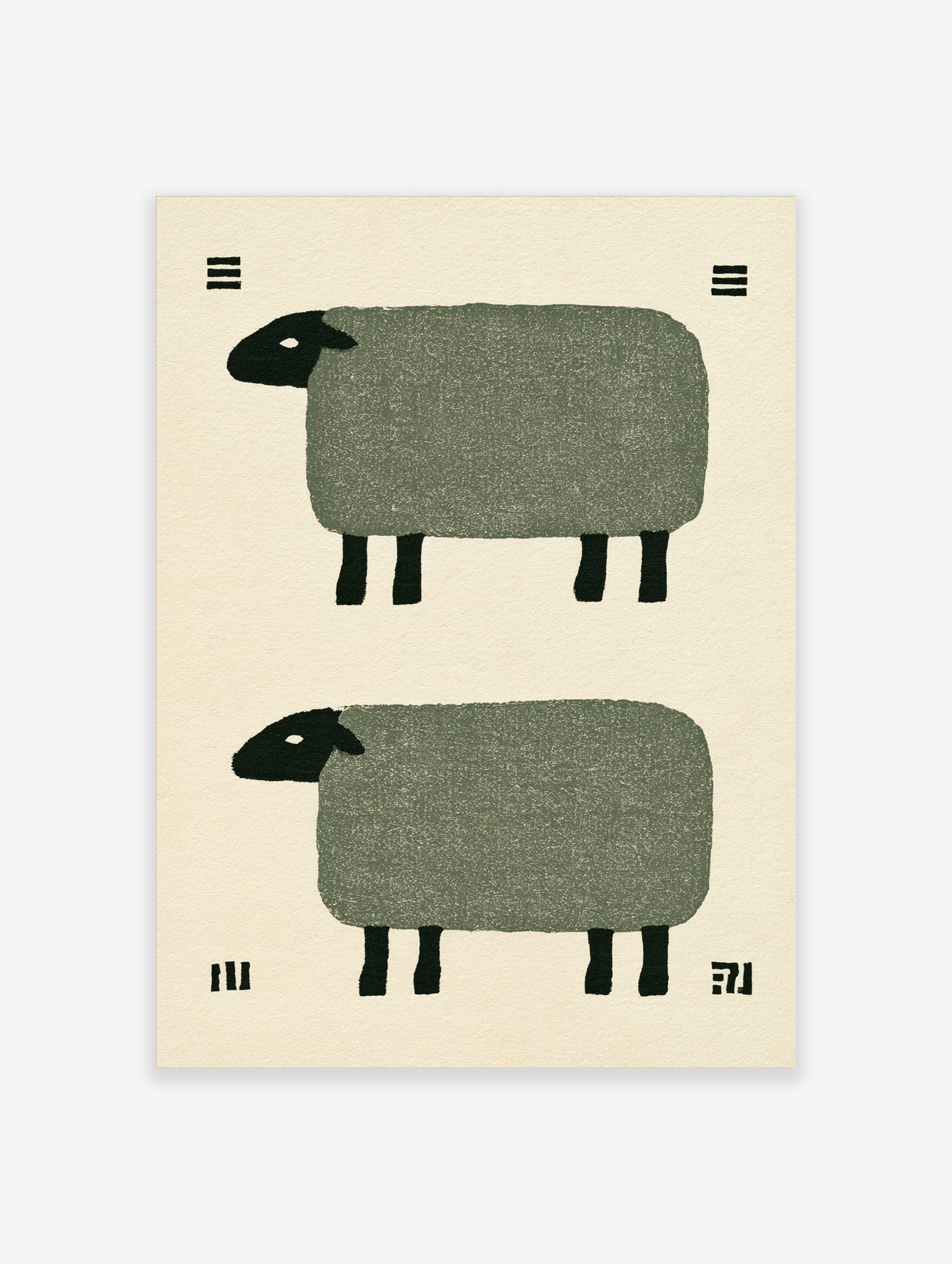 Minimalist art print of two stylized sheep with green bodies and black heads on a cream background