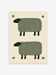 Minimalist art print of two stylized sheep with green bodies and black heads on a cream background