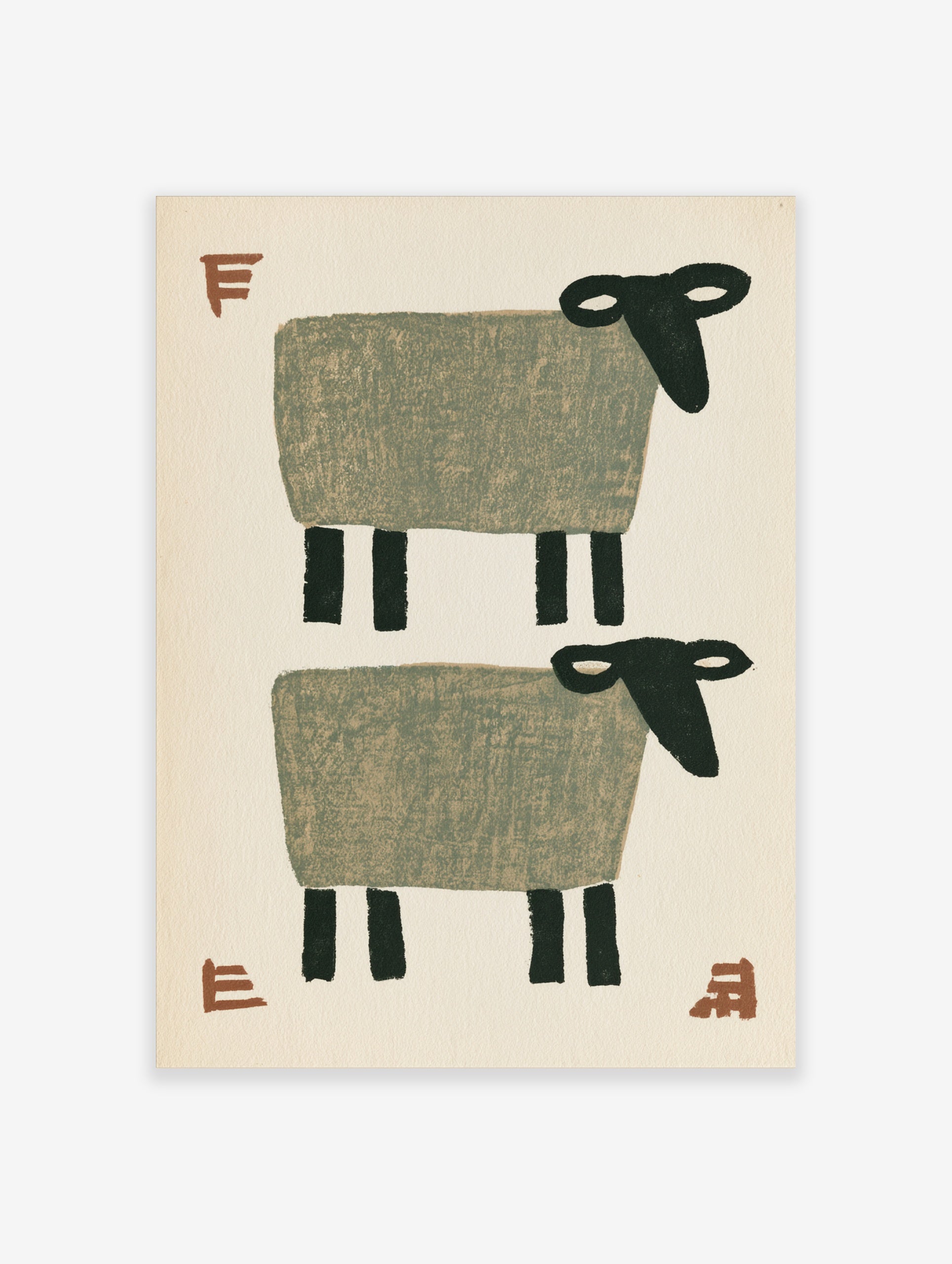 Stylised minimalist sheep wall art with two grey sheep and terracotta typographic accents on a neutral background