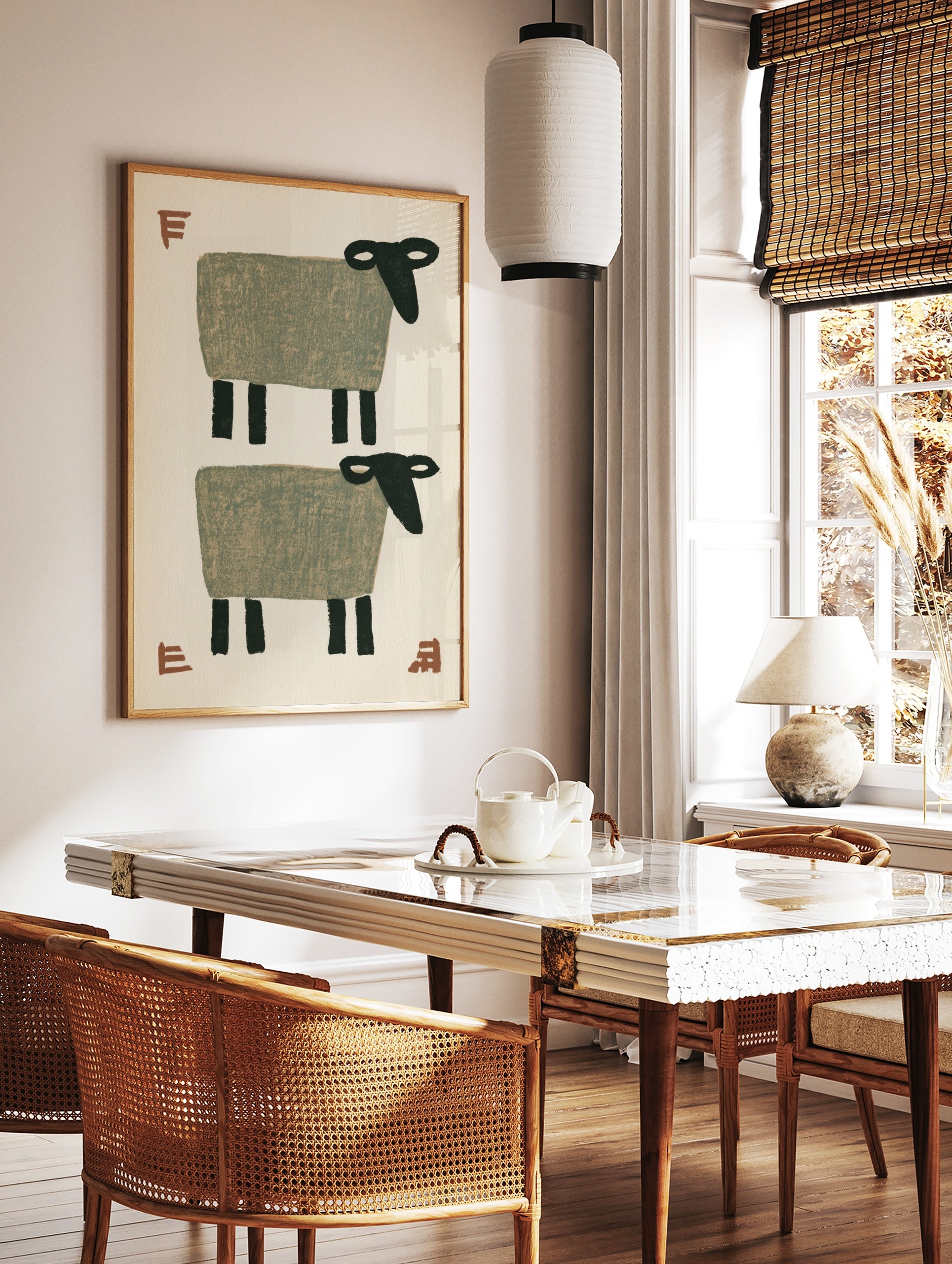 Stylised minimalist sheep wall art with two grey sheep and terracotta typographic accents on a, in a styled room mockup