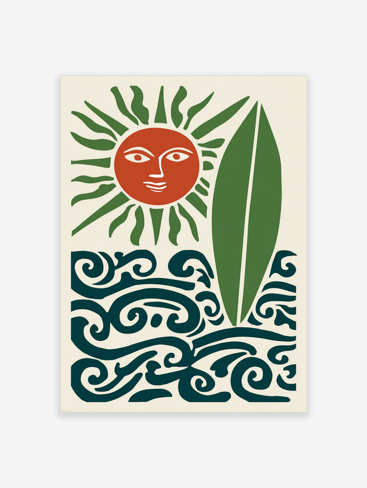Stylised terracotta sun with green rays, green surfboard, and dark teal waves on a cream background