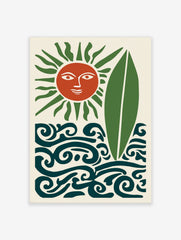 Stylised terracotta sun with green rays, green surfboard, and dark teal waves on a cream background