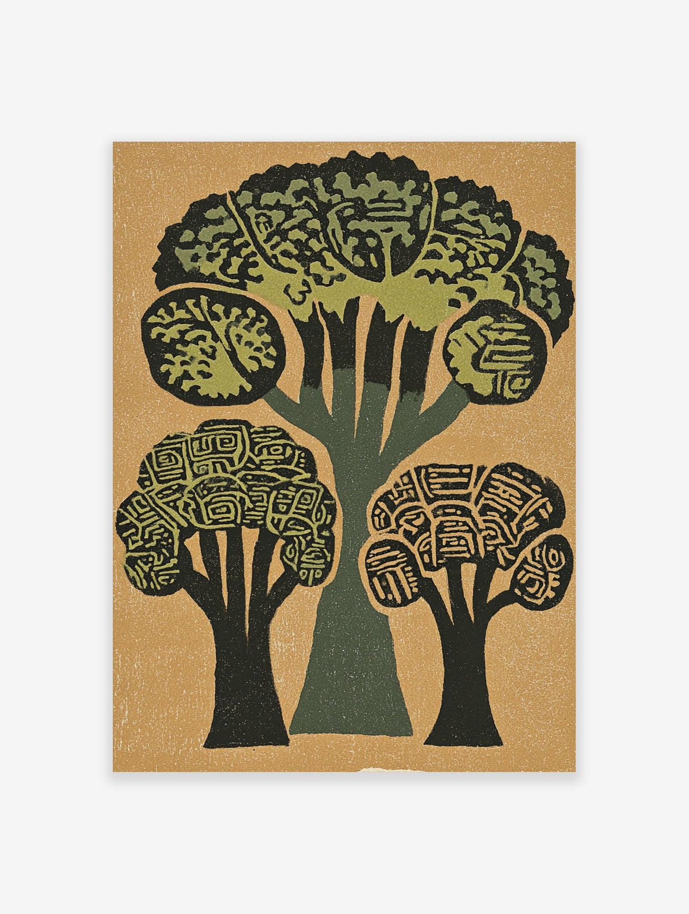 Stylised tree wall art with geometric foliage in olive green and black on beige background