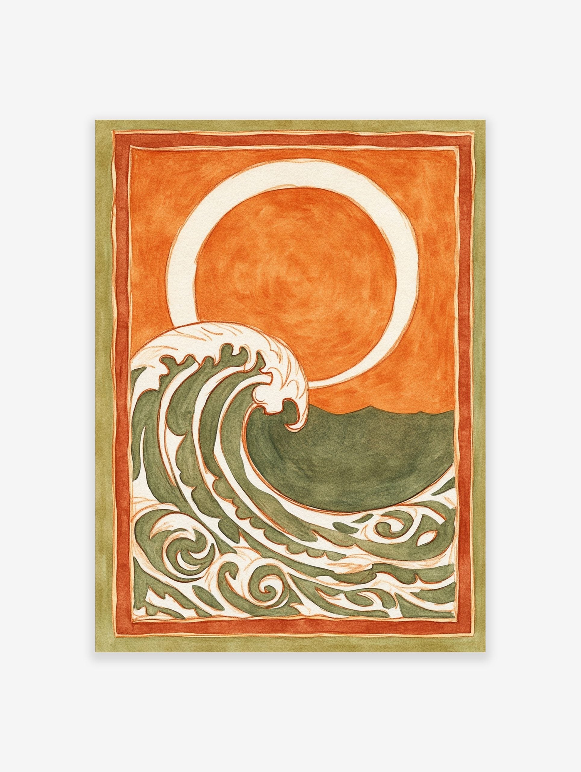 Stylised ocean wave art print with cream and green patterns, orange sky, white sun/moon, and decorative borders