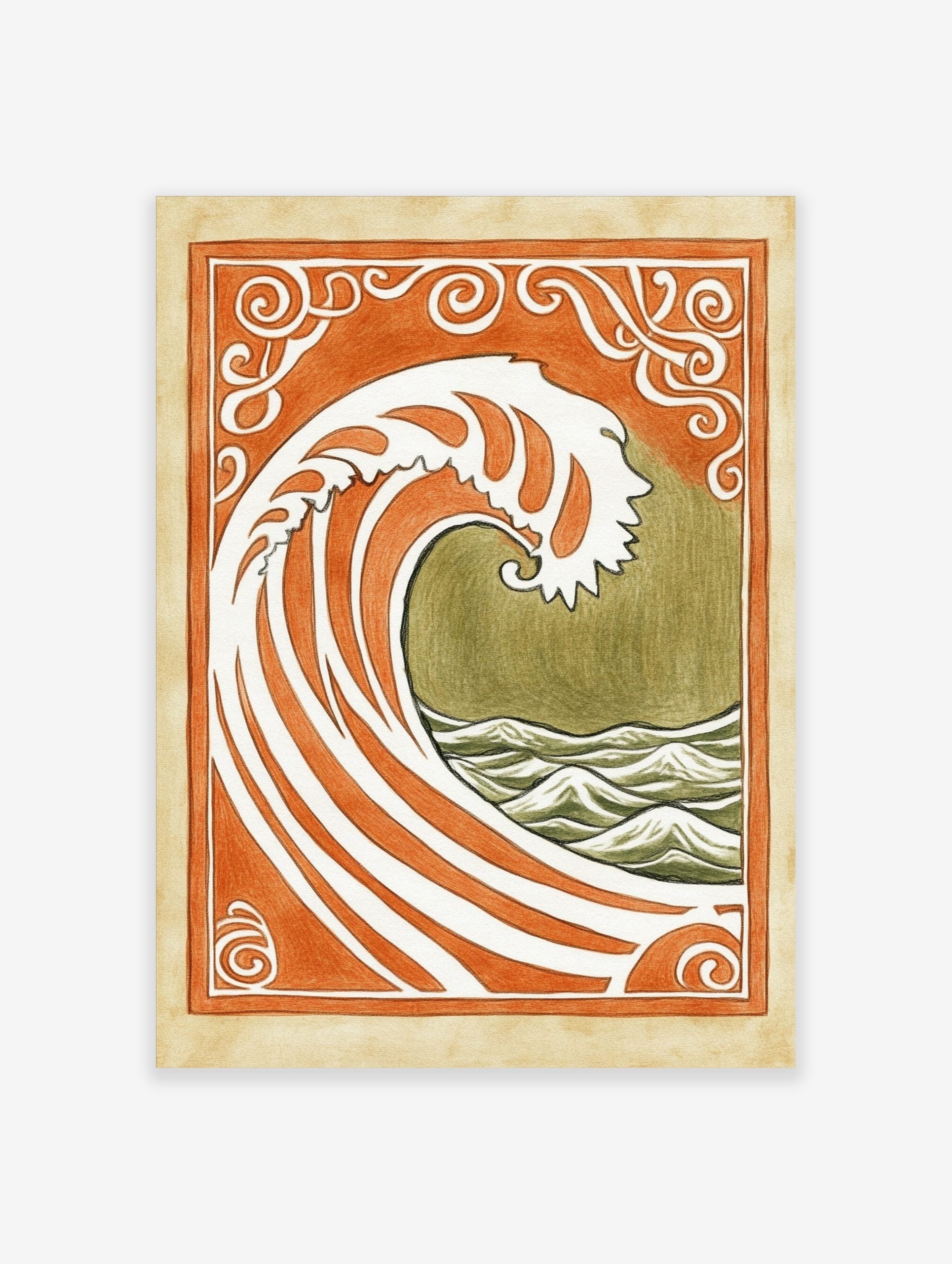 Stylised ocean wave art print with orange and white stripes, olive green sea, and ornate Art Nouveau border