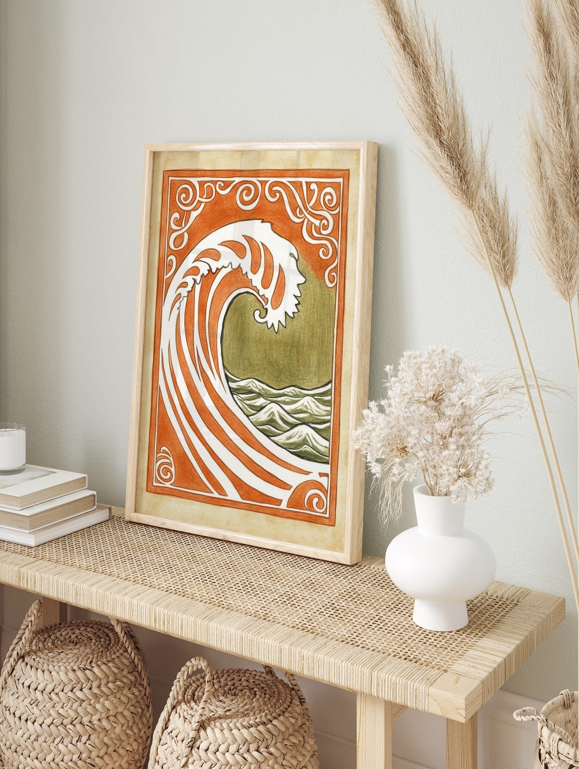 Stylised ocean wave art print with orange and white stripes, olive green sea, and ornate Art, in an alternate framed mockup