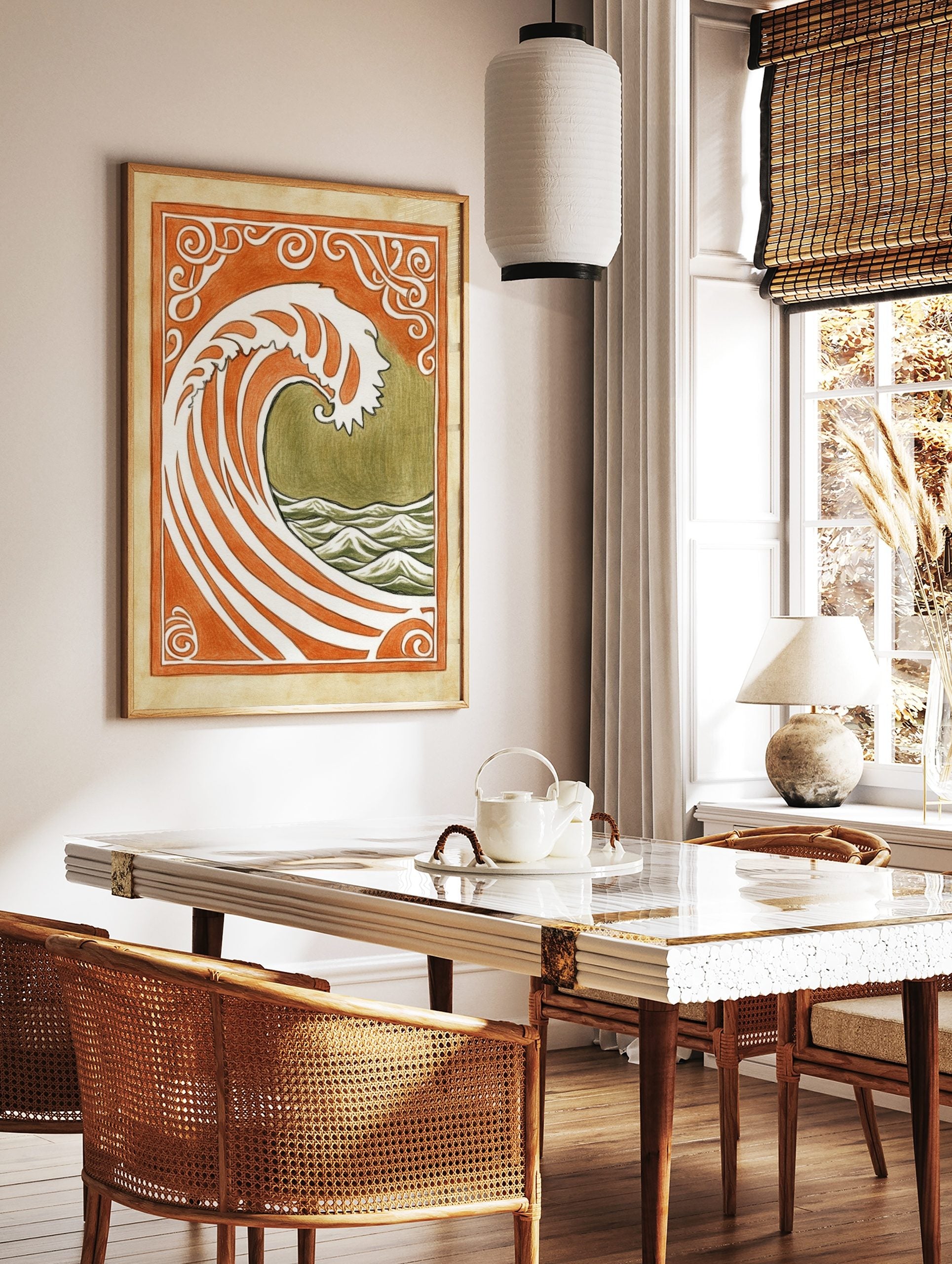 Stylised ocean wave art print with orange and white stripes, olive green sea, and ornate Art, in a styled room mockup