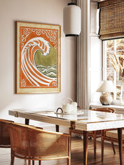 Stylised ocean wave art print with orange and white stripes, olive green sea, and ornate Art, in a styled room mockup