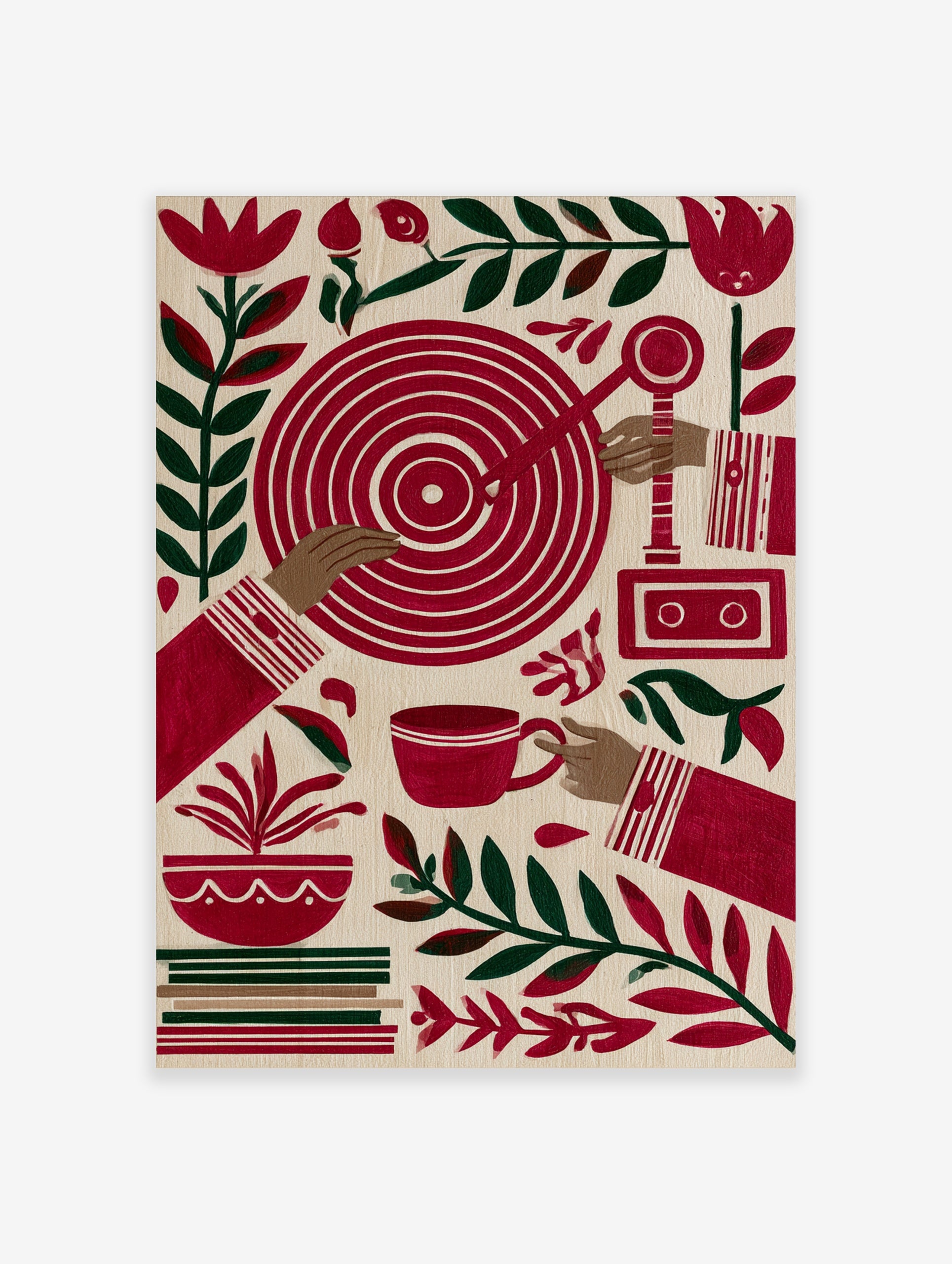 Stylized folk art print featuring hands, a red target, cassette recorder, teacup, and botanical leaves on cream background