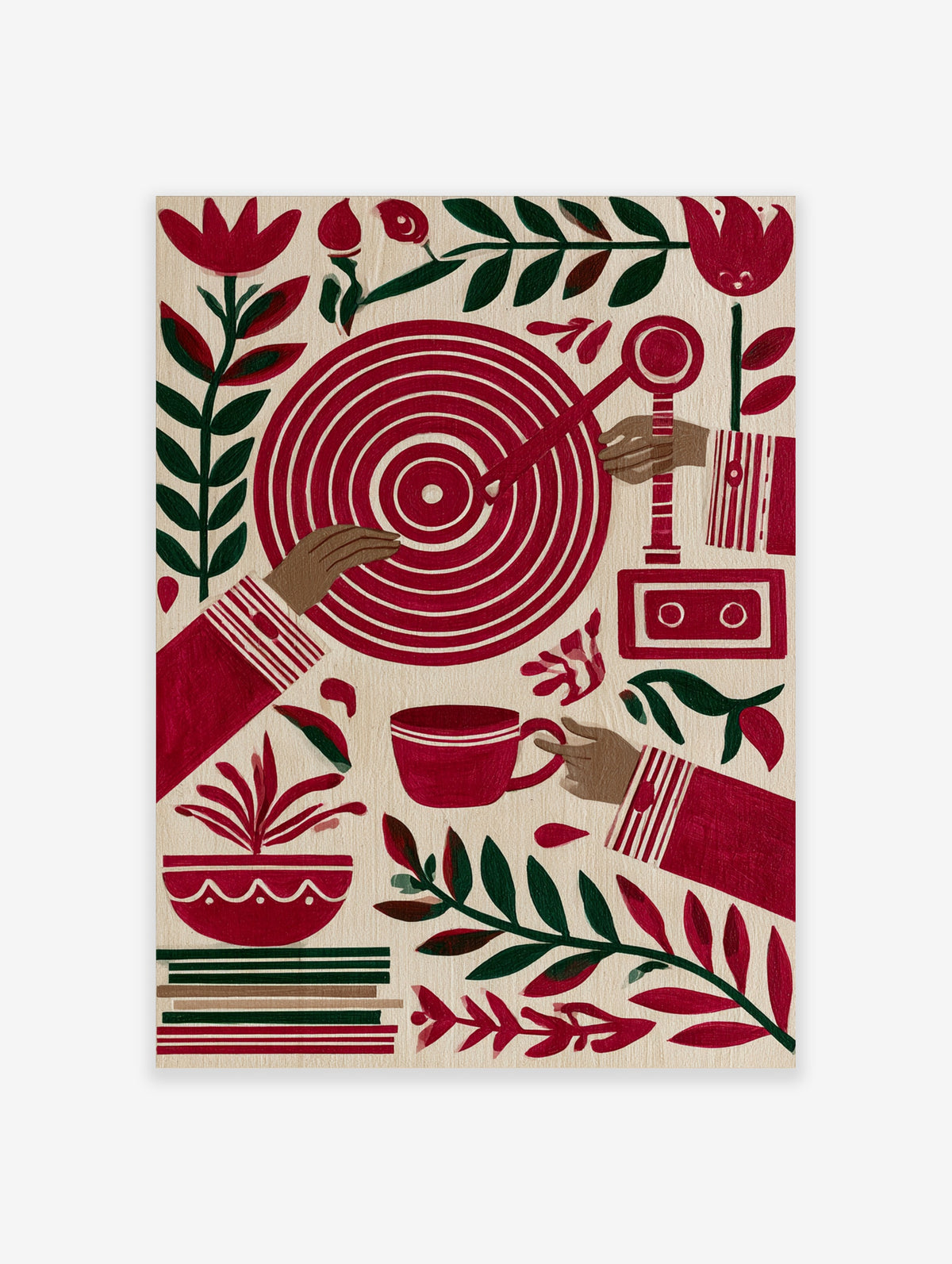 Stylized folk art print featuring hands, a red target, cassette recorder, teacup, and botanical leaves on cream background