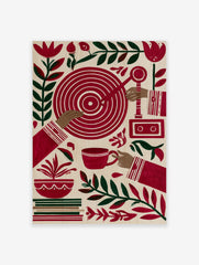Stylized folk art print featuring hands, a red target, cassette recorder, teacup, and botanical leaves on cream background