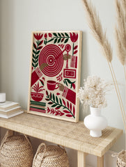 Stylized folk art print featuring hands, a red target, cassette recorder, teacup, and, in an alternate framed mockup