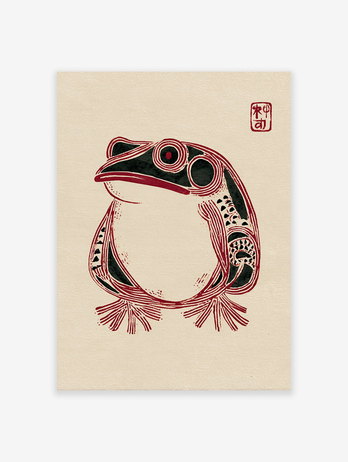 Stylized red and black frog illustration art print on a light beige textured paper background with a red square stamp in the top right.