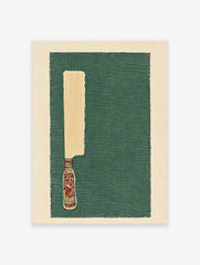 Stylized knife art print with a wooden blade and colorful wrapped handle on a dark green textured background with a light border.