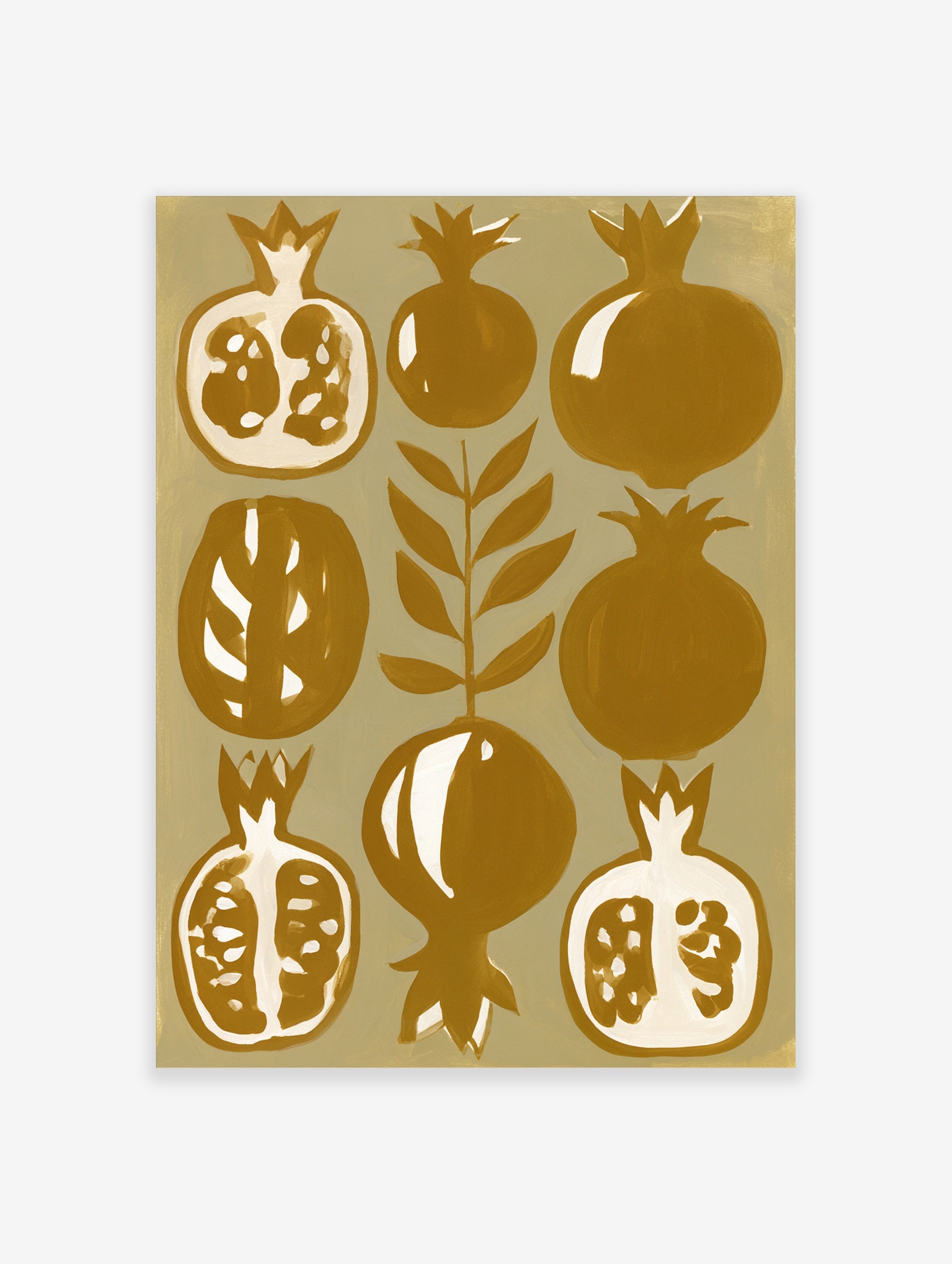 Stylized botanical pomegranate fruit illustration in mustard yellow and cream on paper wall art