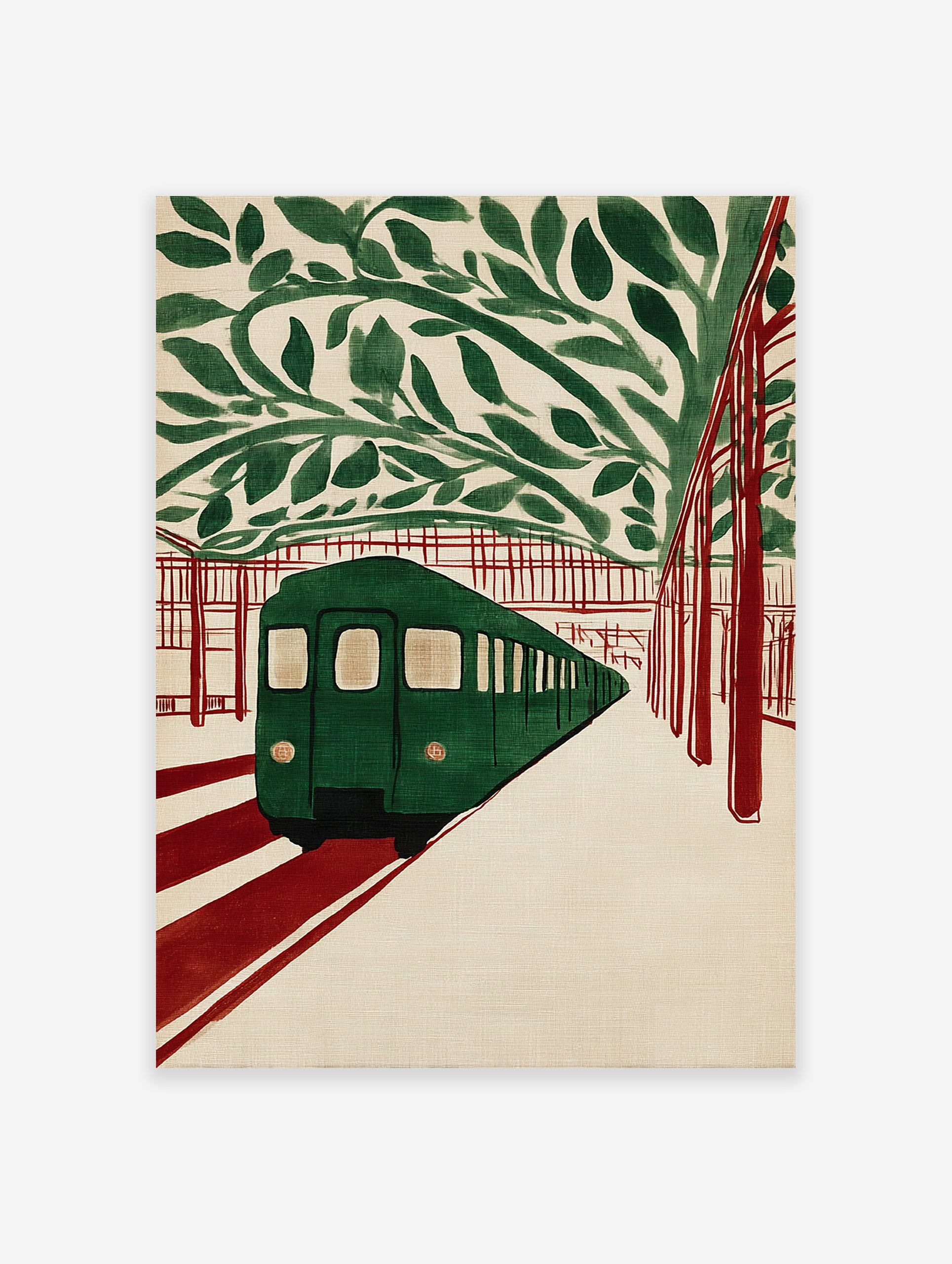 Green subway train at a station with red tracks and green leaves overhead, in an illustrative subway art print style.