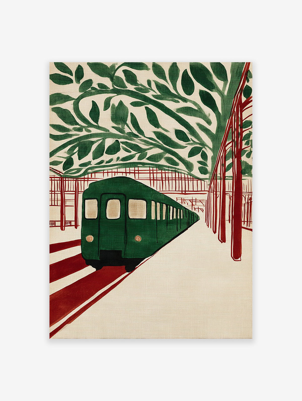 Green subway train at a station with red tracks and green leaves overhead, in an illustrative subway art print style.
