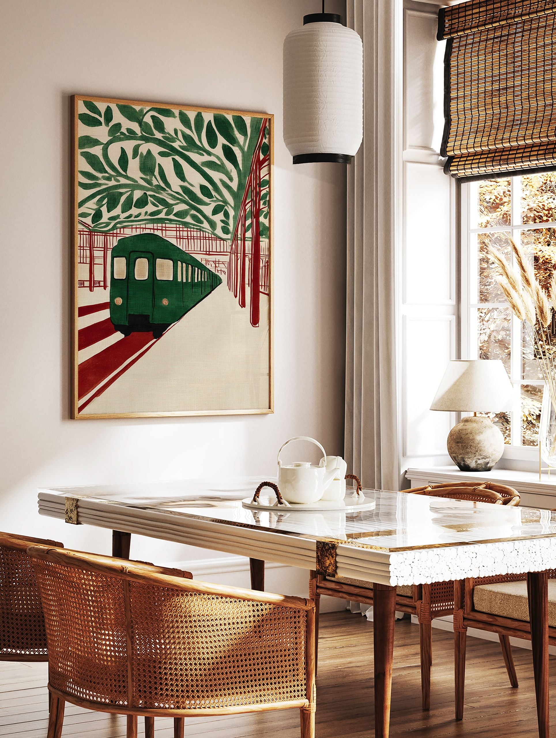 Green subway train at a station with red tracks and green leaves overhead, in an illustrative subway art print style. - Image 2