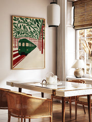 Green subway train at a station with red tracks and green leaves overhead, in an illustrative subway art print style. - Image 2