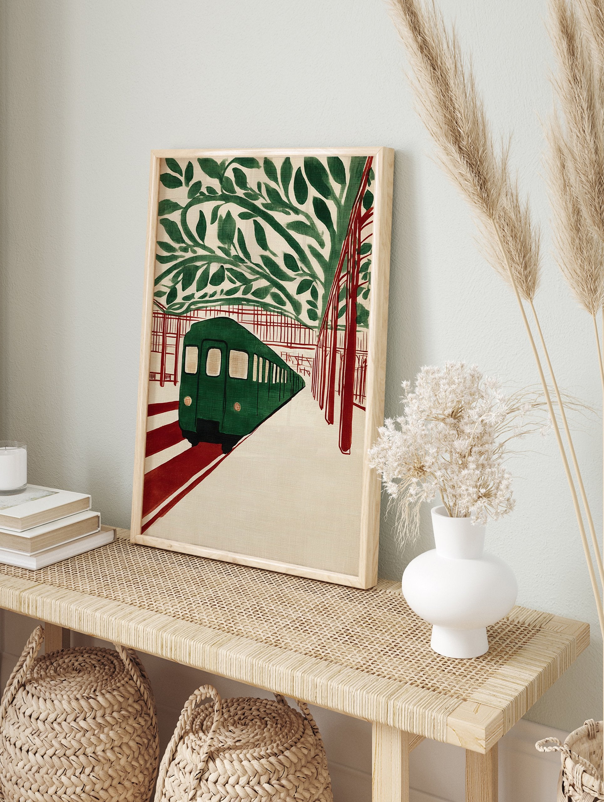 Green subway train at a station with red tracks and green leaves overhead, in an illustrative subway art print style. - Image 3