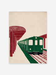 Stylized green subway train at a station with red pillars and tracks, minimalist urban transportation art print.