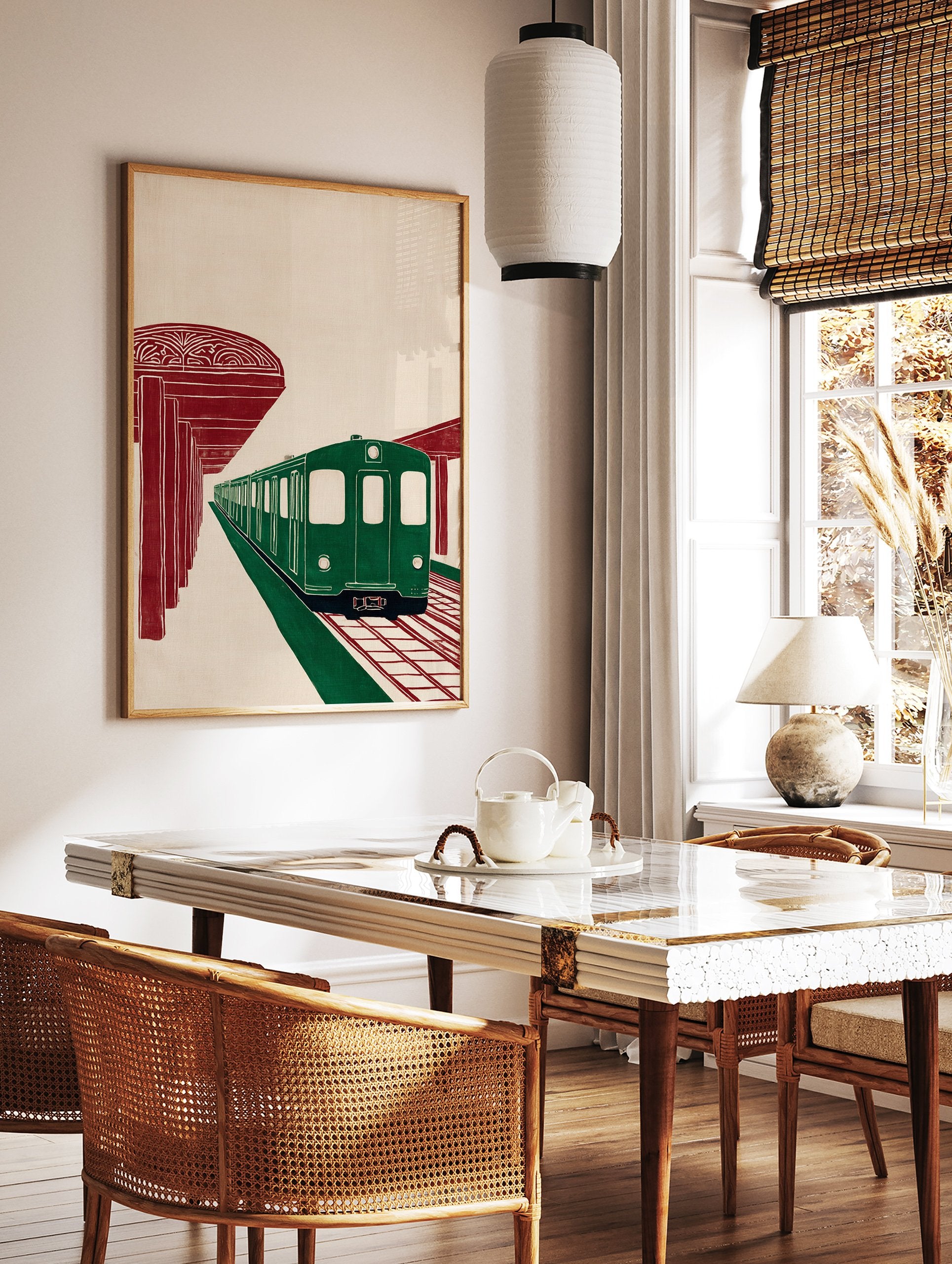 Stylized green subway train at a station with red pillars and tracks, minimalist urban transportation art print. - Image 2