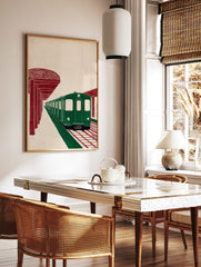 Stylized green subway train at a station with red pillars and tracks, minimalist urban transportation art print. - Image 2