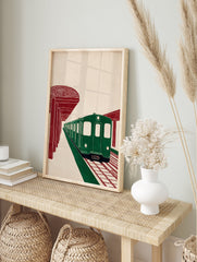 Stylized green subway train at a station with red pillars and tracks, minimalist urban transportation art print. - Image 3