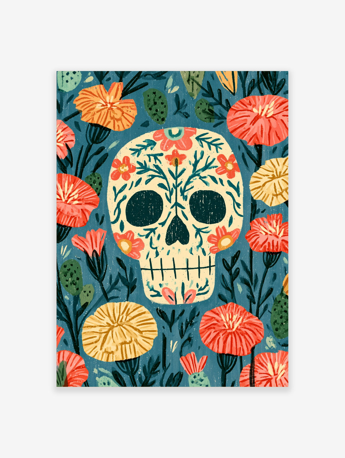 Sugar skull wall art with teal floral details and coral flowers on a blue background