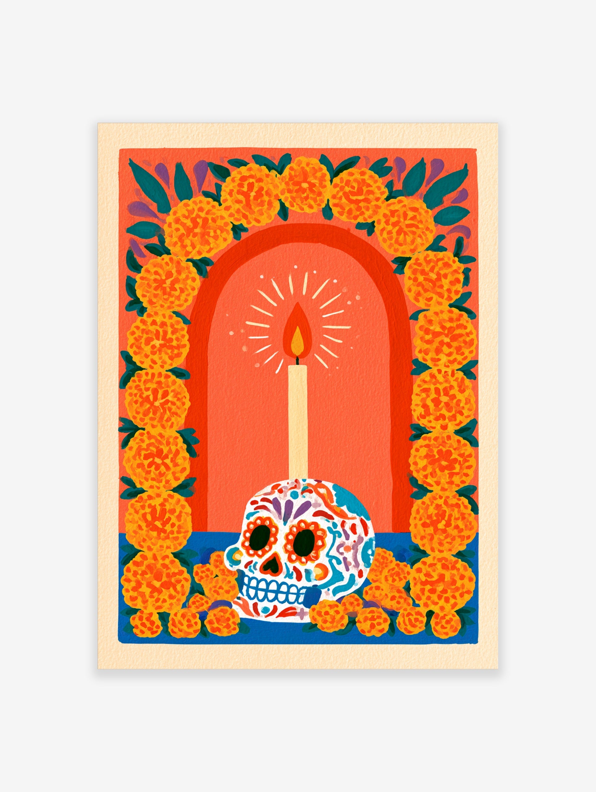 Sugar skull illustration with lit candle and marigold flower arch on orange background, vibrant wall art print
