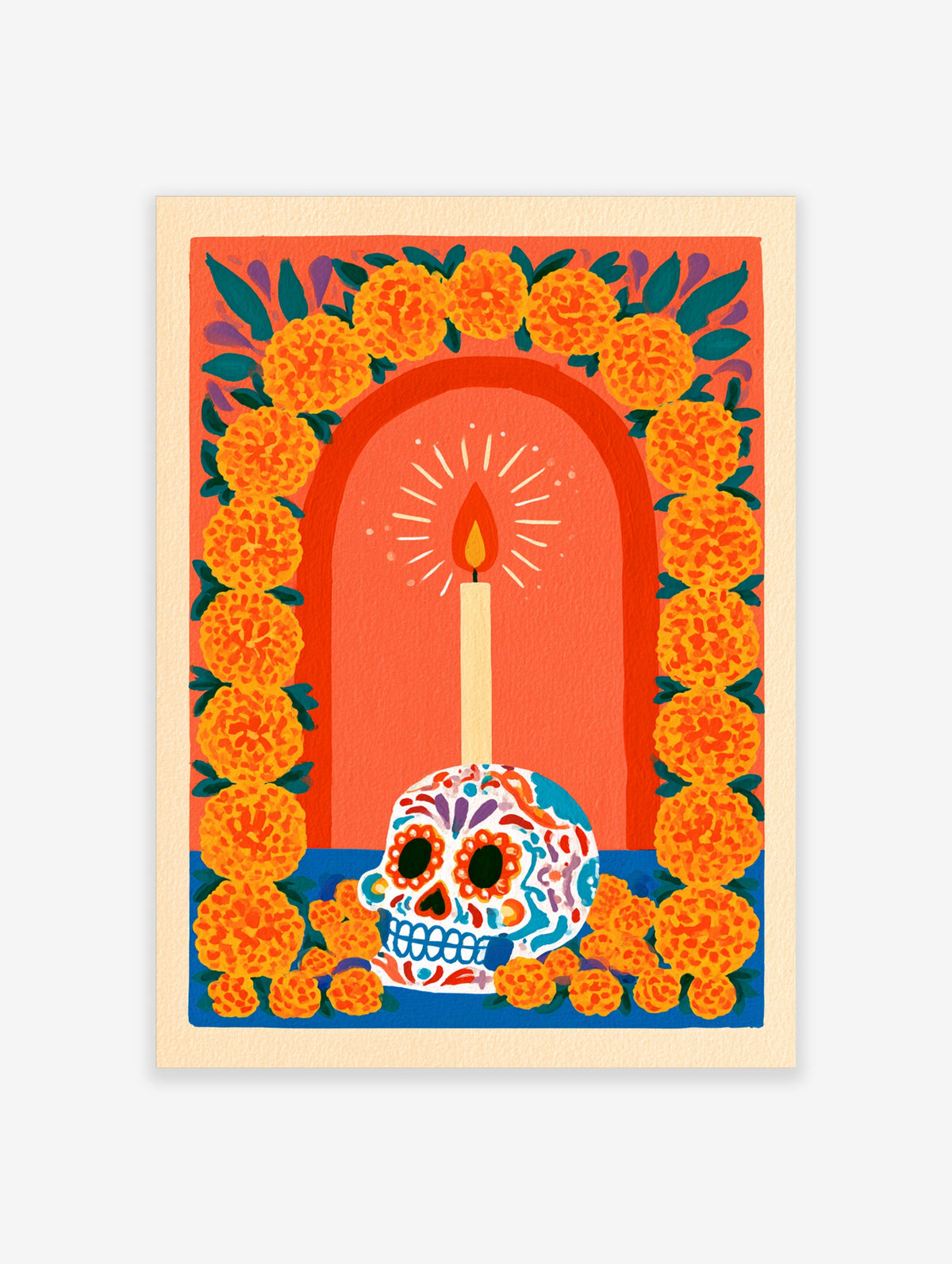 Sugar skull illustration with lit candle and marigold flower arch on orange background, vibrant wall art print