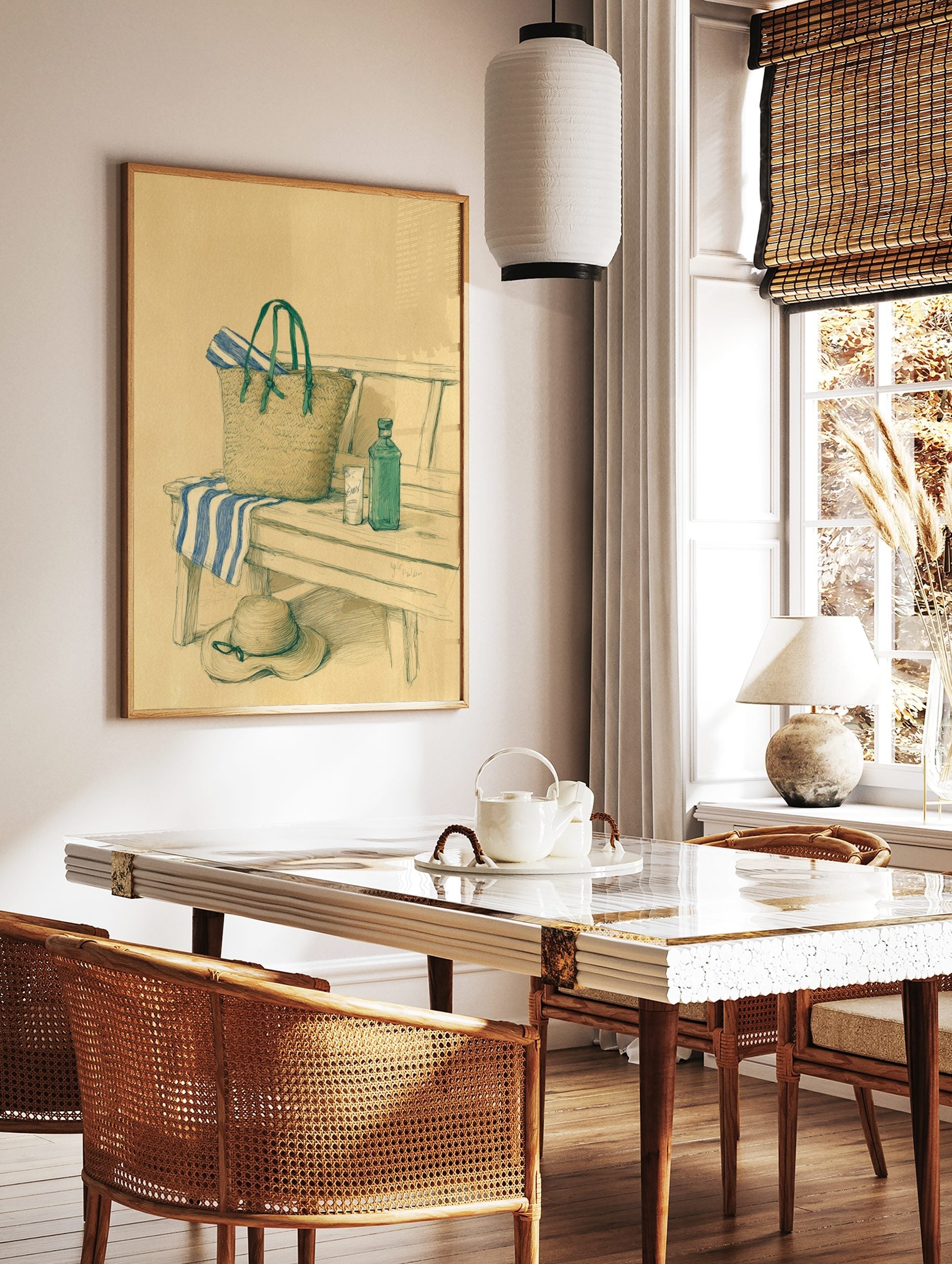Illustrated still life of a straw beach bag, blue striped towel, and sun hat on a wooden bench, in a styled room mockup