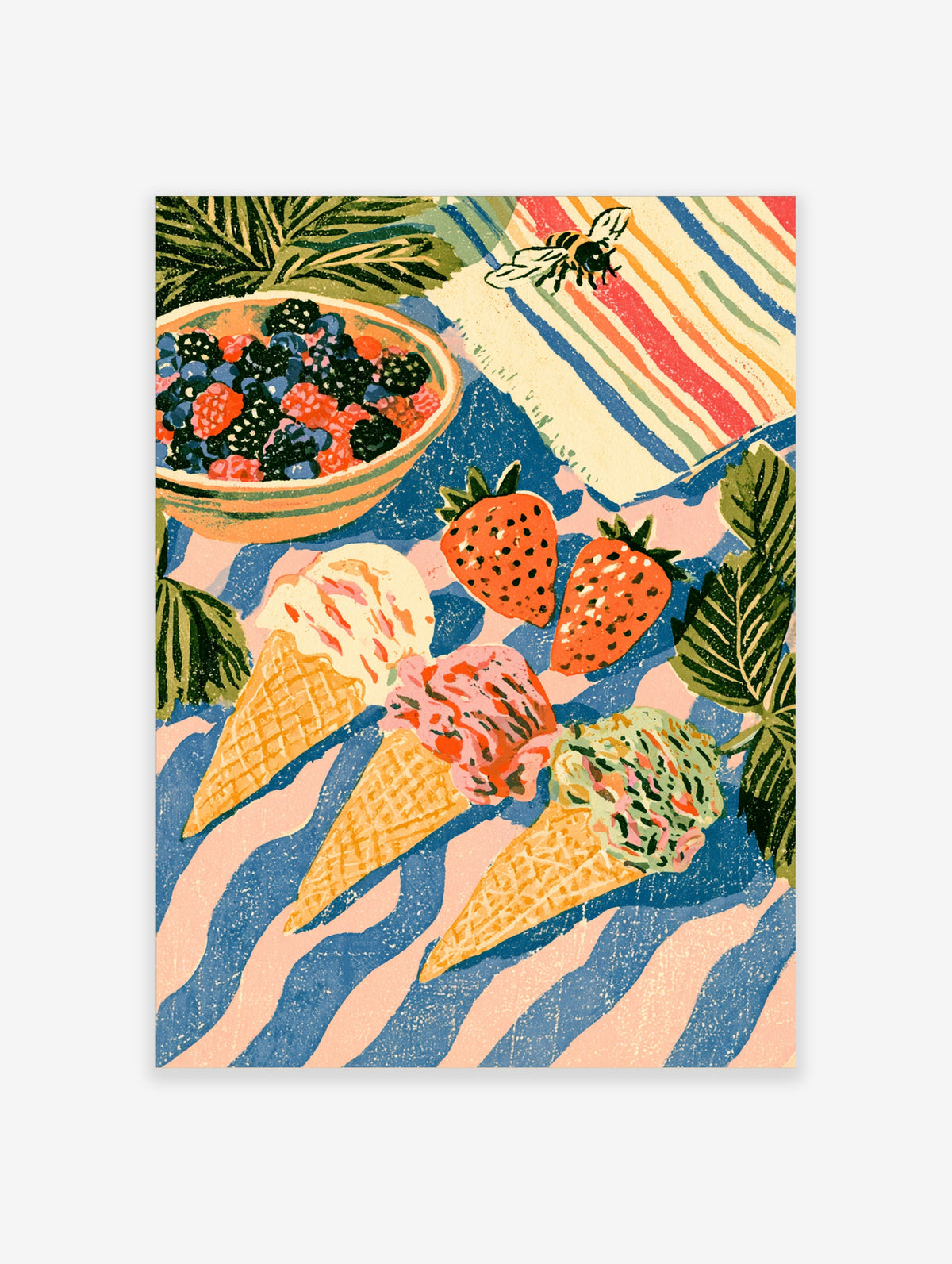 Colourful summer fruit poster with ice cream cones, strawberries, berries, and a bee on striped picnic fabric
