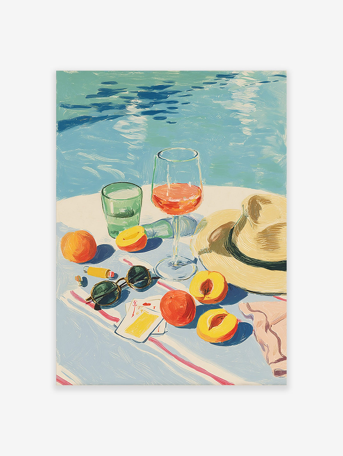 Illustrative summer still life with peaches, wine, water glass, sunglasses, and hat by a blue pool