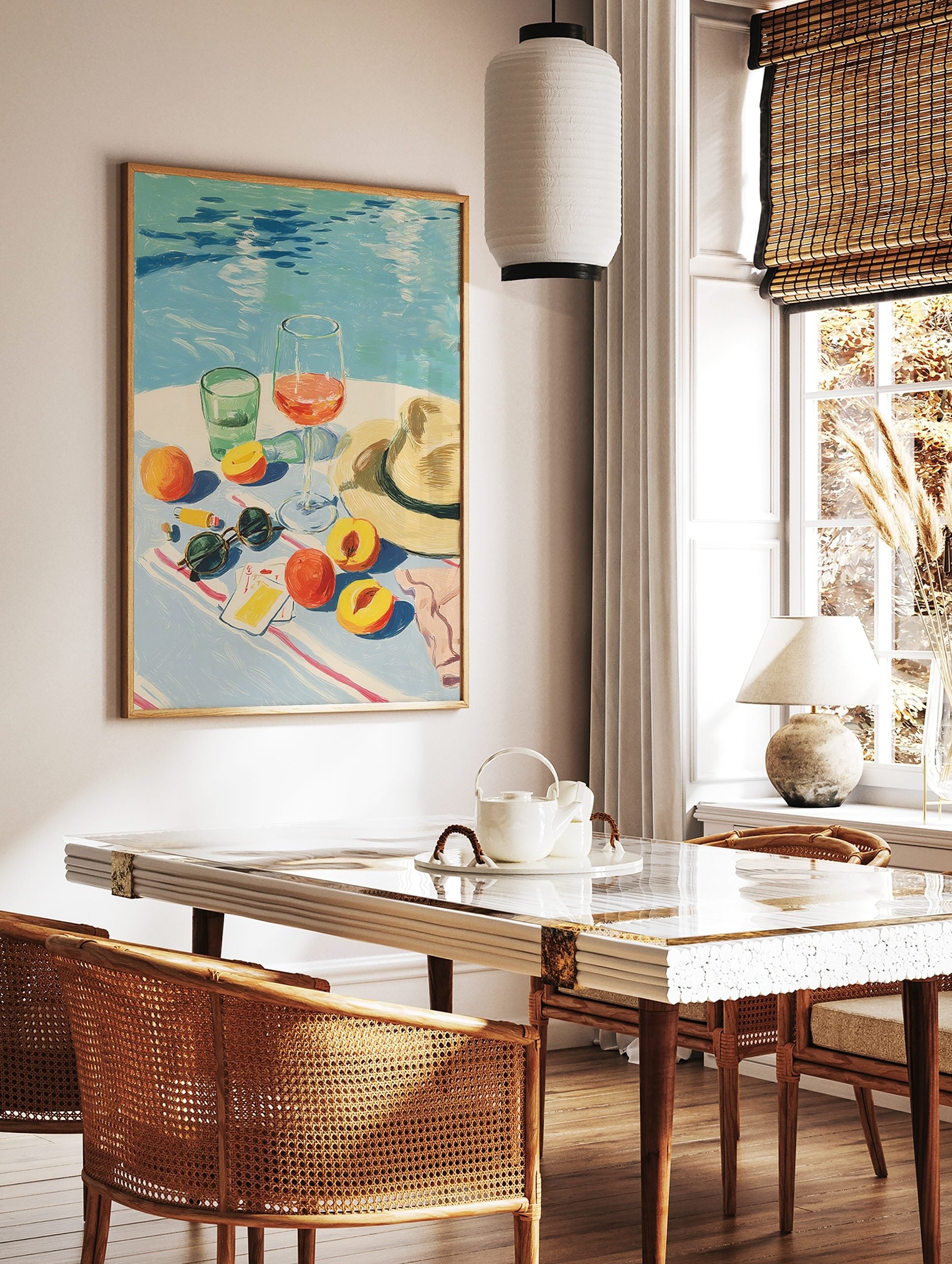 Illustrative summer still life with peaches, wine, water glass, sunglasses, and hat by a blue pool, in a styled room mockup