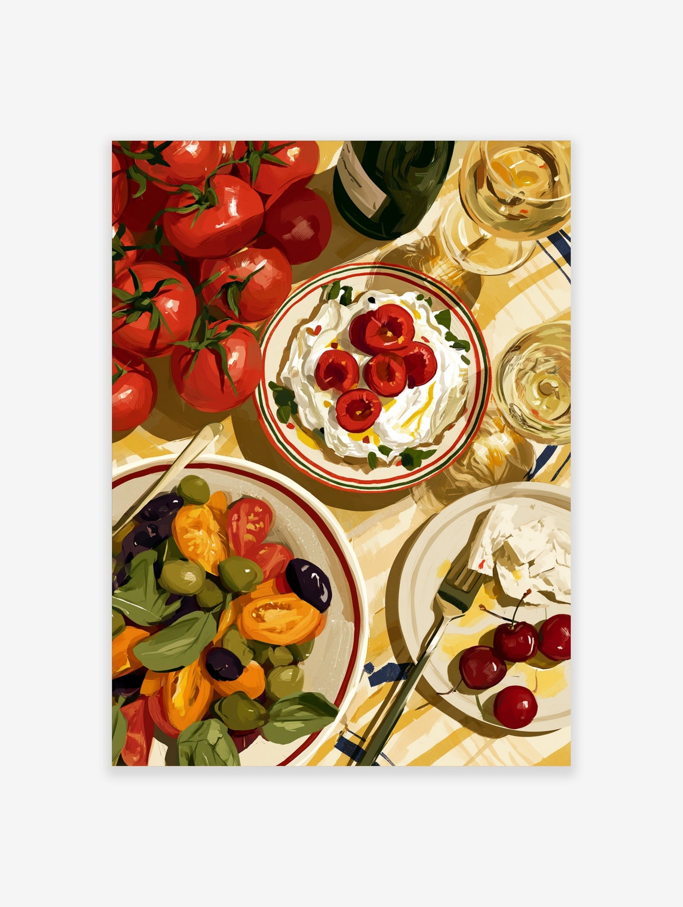Illustrative food art print of fresh tomatoes, olives, cheese, and wine on a sunny tabletop