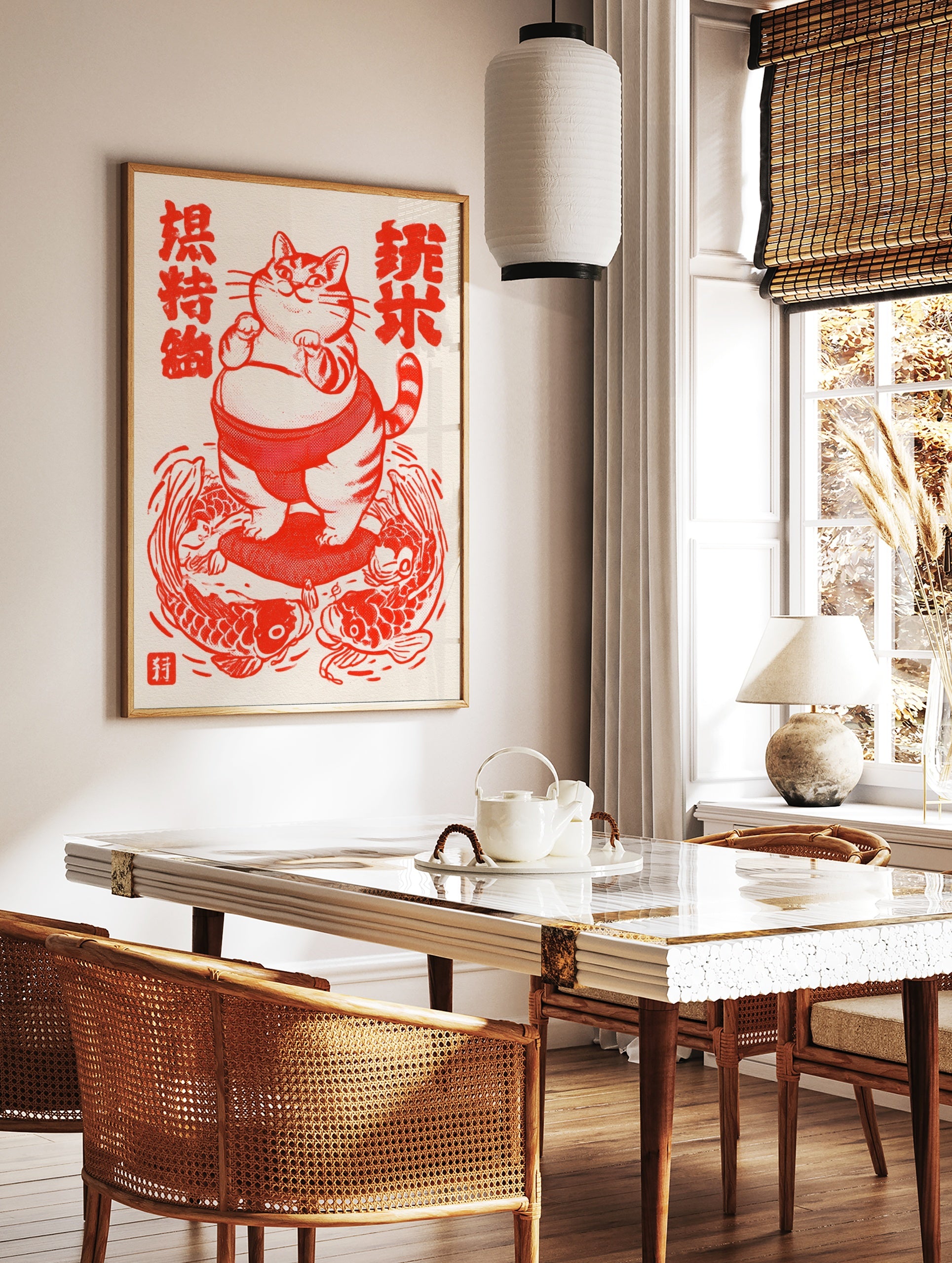 Illustration of a fat cat as a sumo wrestler on a cushion surrounded by koi fish, red and cream, in a styled room mockup