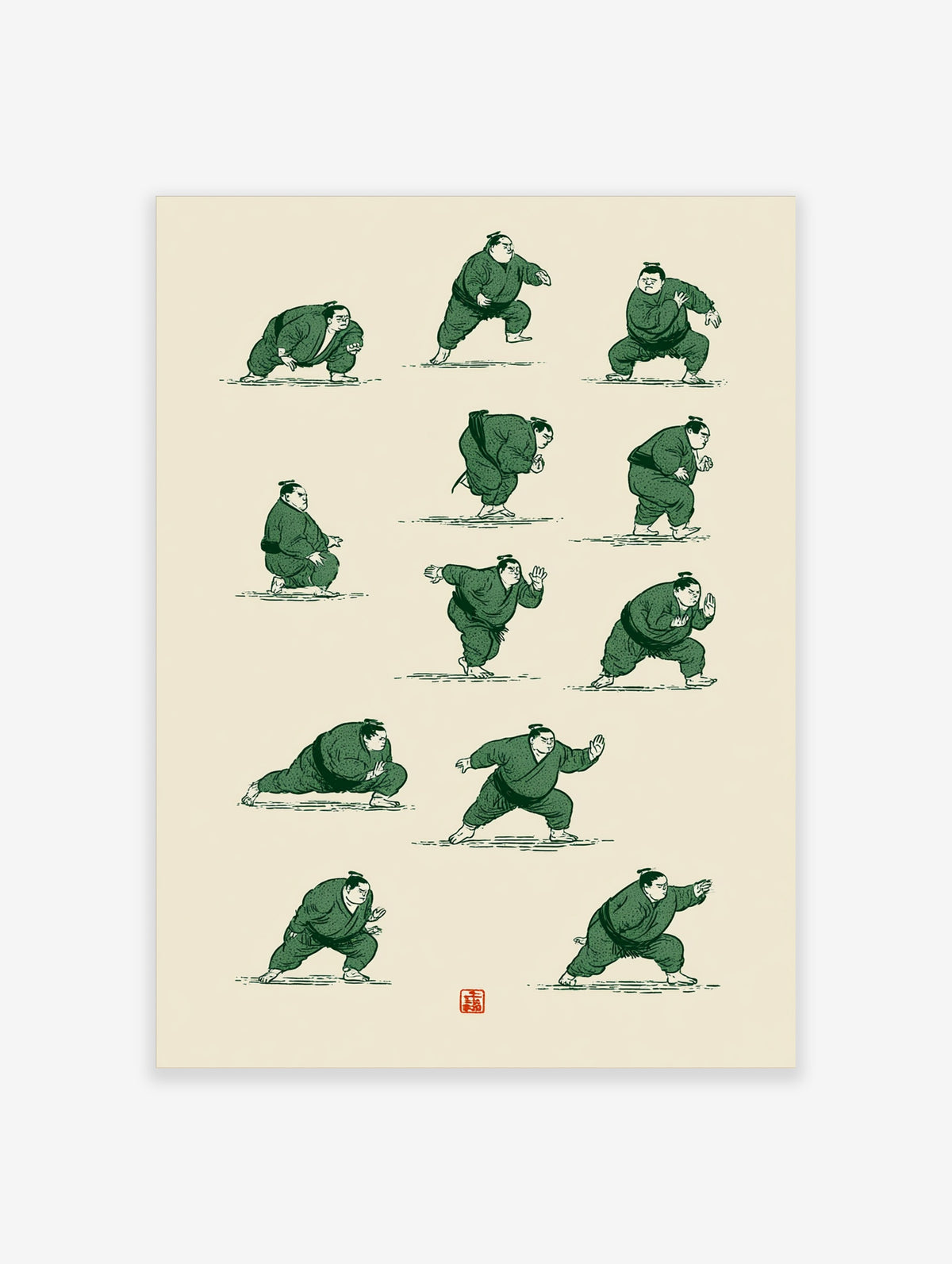 Sumo wrestler poses illustration print with twelve figures in green robes on cream background