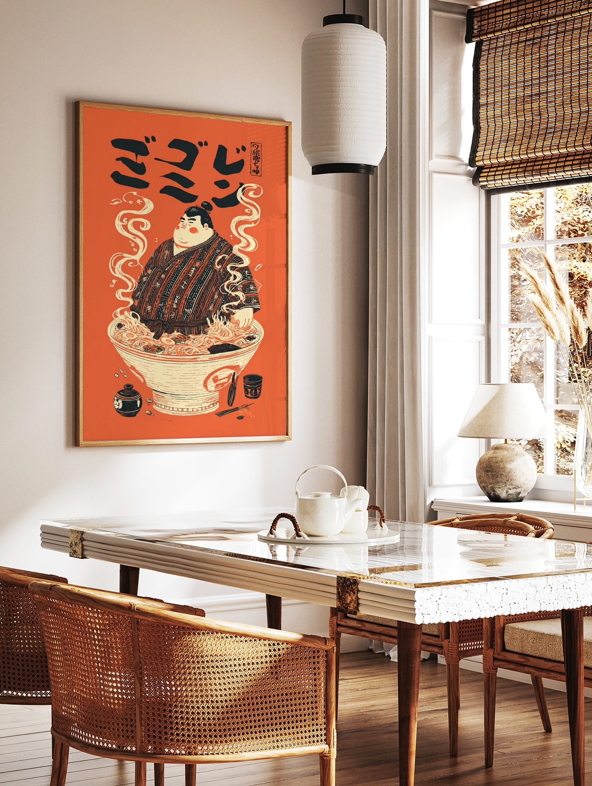 Illustrative print of a sumo wrestler in a ramen bowl with steam, Japanese text, and orange, in a styled room mockup